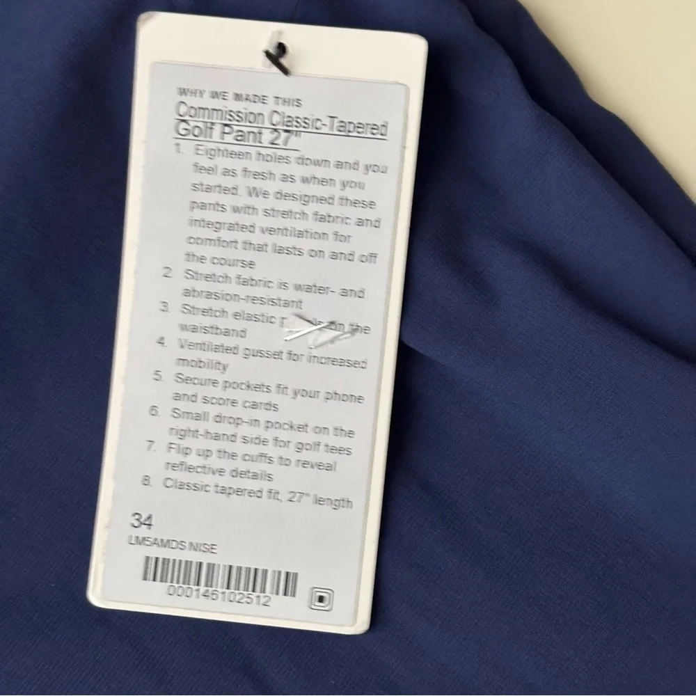 Lululemon Men’s Commission Golf Pant 34x27 Blue New Classic Tapered